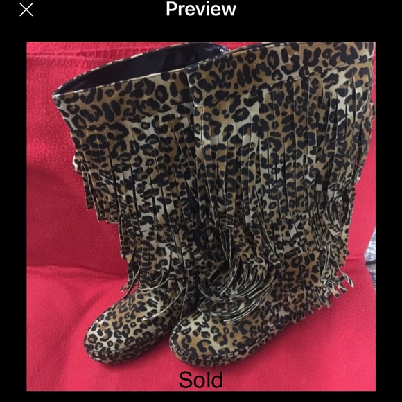 5.5 available. Leopard print fringe tall boots. - Picture 3 of 9